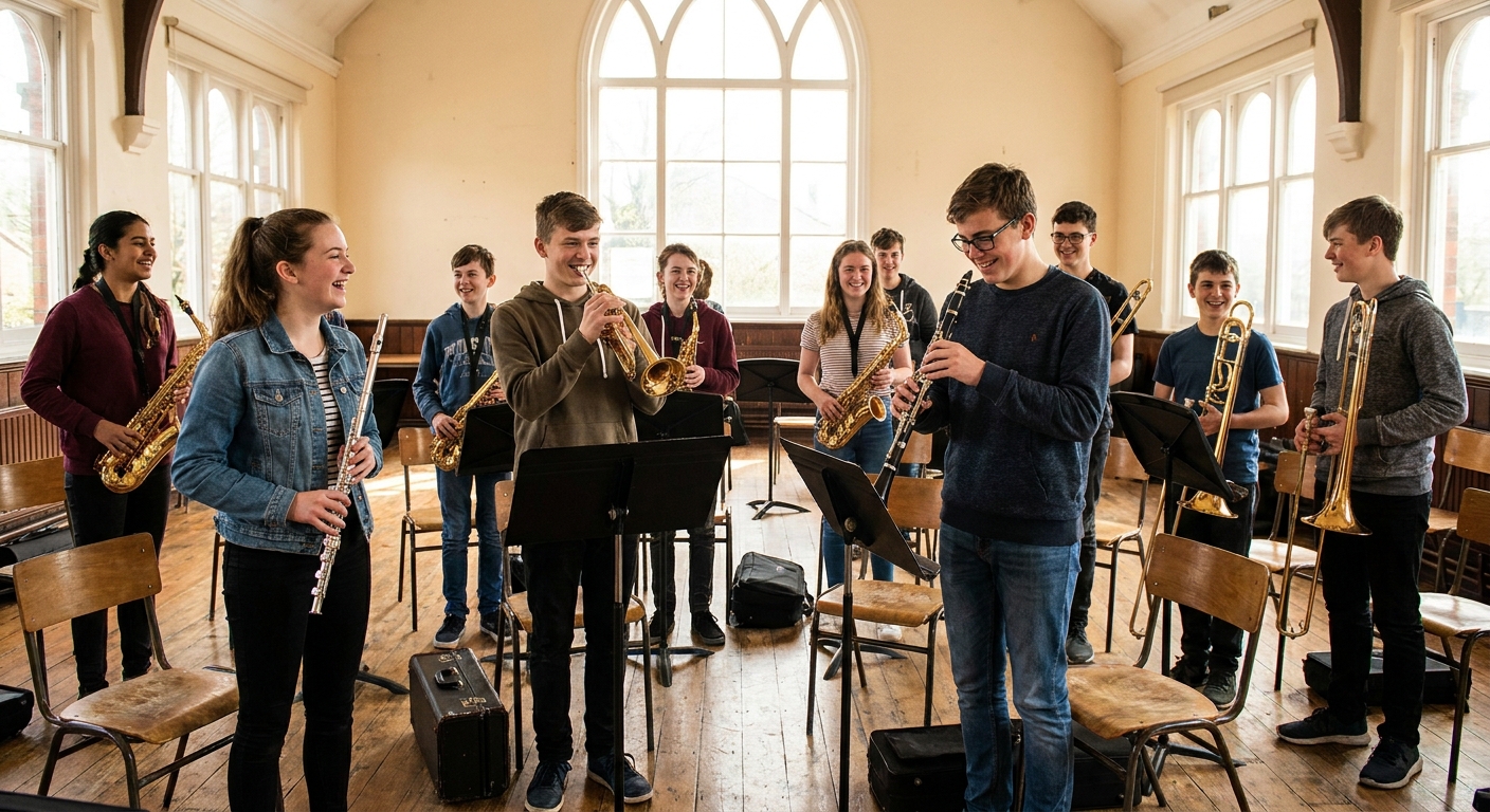 Junge Musikerinnen und Musiker beim gemeinsamen Proben